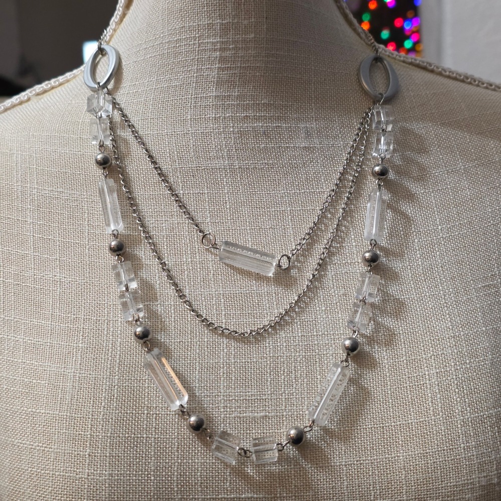 Layered Silver Tone Necklace‎ Clear Faceted Beads Dangles